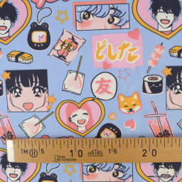 Tissu coton In Love motifs manga japonais bleu et rose - OEKO TEX