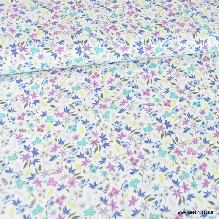 Popeline Paula style Liberty coloris bleu et parme - Oeko tex