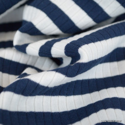 Tissu jersey côtelé à rayures bleu marine et blanc - OEKO TEX