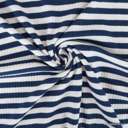 Tissu jersey côtelé à rayures bleu marine et blanc - OEKO TEX