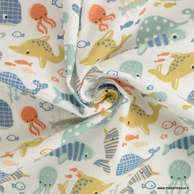Coupon De Tissu Coton Imprimé Petits Marins - Fond Blanc, Occasion, Pour Patchwork