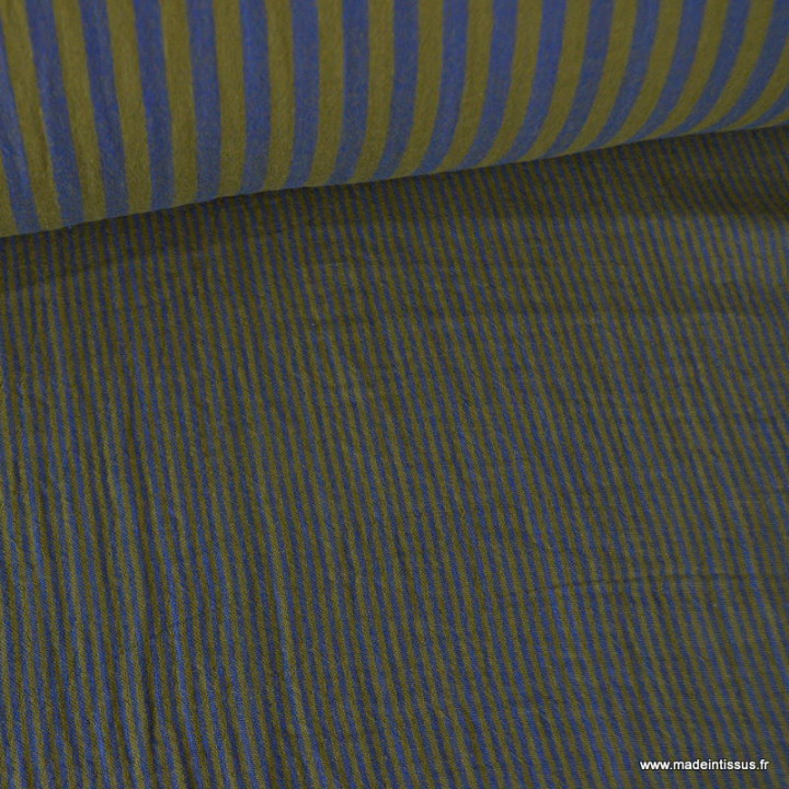 Tissu Double gaze réversible à rayures Bronze et Cobalt - OEKO TEX