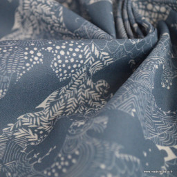 Popeline Grizzly motif ours fond bleu - OEKO TEX