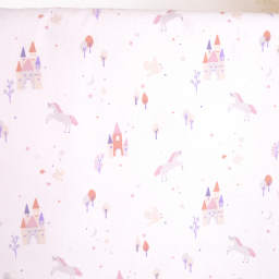 Tissu coton Chateau motif chateau et licornes fond blanc - OEKO TEX
