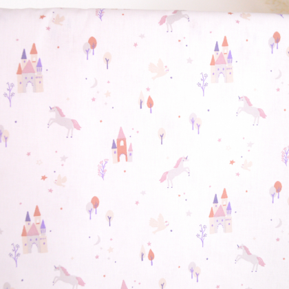 Tissu coton Chateau motif chateau et licornes fond blanc - OEKO TEX