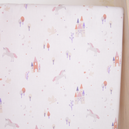 Tissu coton Chateau motif chateau et licornes fond blanc - OEKO TEX