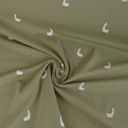 Tissu jersey motifs oies sur fond vert kaki - OEKO TEX