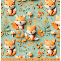 Tissu coton Setis façon 3D - Motif renards fond vert