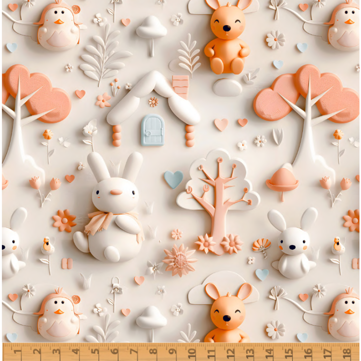 Tissu coton Bellott façon 3D - Motif animaux et Maisons féérique