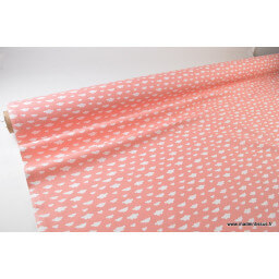 Tissu coton oeko tex imprimé nuages blancs sur fond Corail x50cm