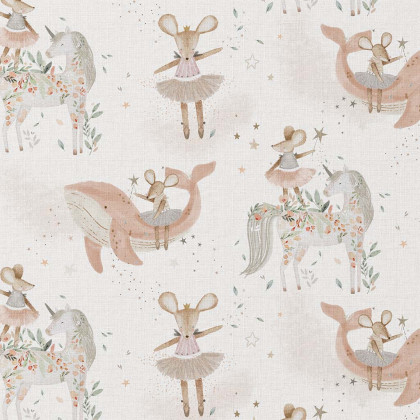 Tissu coton Mariette motif Souris, licorne fond blanc - oeko tex