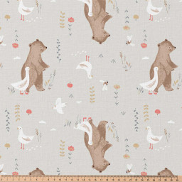Tissu cretonne coton Nominoe motif ours et oies vert clair -  OEKO TEX