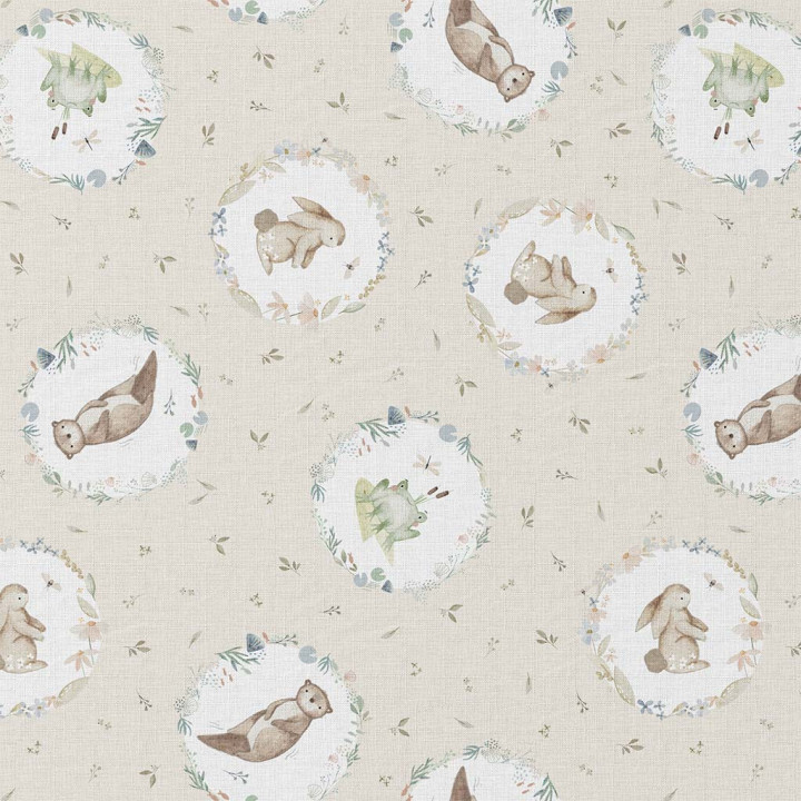 Tissu coton Aelia motif lapins, loutres et grenouilles dans un  -  oeko tex