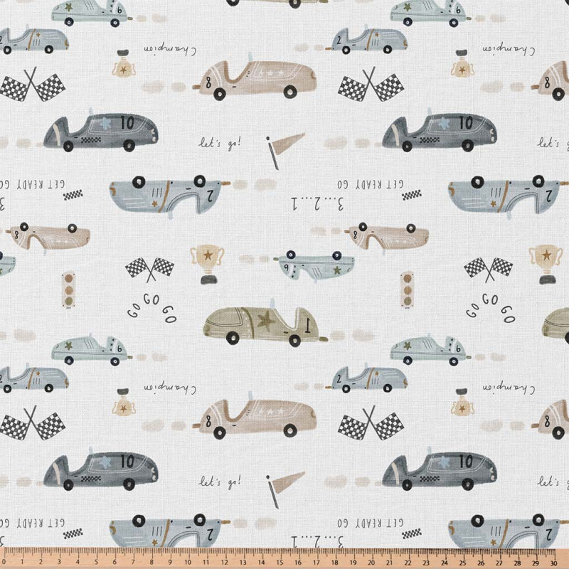 Tissu Pour Enfants - Motif Voitures Sur Fond Bleu - Occasion - Pour Couture Ou Loisirs Créatifs