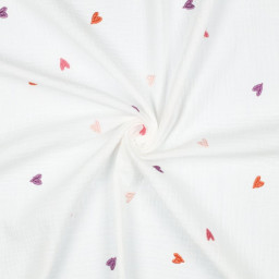 Tissu Double gaze brodée coeurs fond blanc - oeko tex