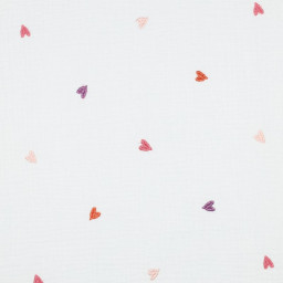 Tissu Double gaze brodée coeurs multicouleurs fond blanc - OEKO TEX