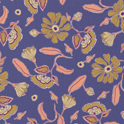 Tissu coton Pooja motif fleurs rose fond bleu - Oeko tex
