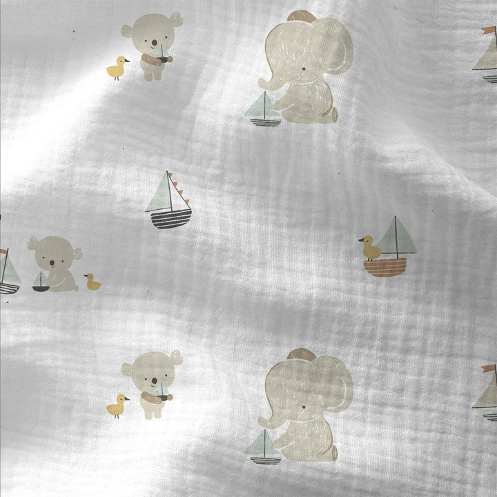 Tissu Double gaze Kidsbay motif éléphants, koalas et bateaux - oeko tex