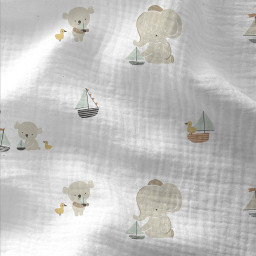 Tissu Double gaze Kidsbay motif éléphants, koalas et bateaux - oeko tex