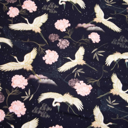 Tissu Viscose ecoviscose motif héron noir