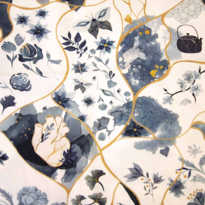 Tissu Viscose ecoviscose motif kintsugi blanc et or