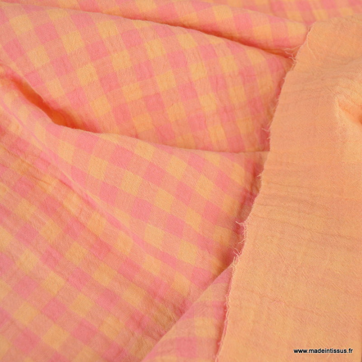 Tissu Double gaze Vichy réversible Sorbet et Melon - oeko tex