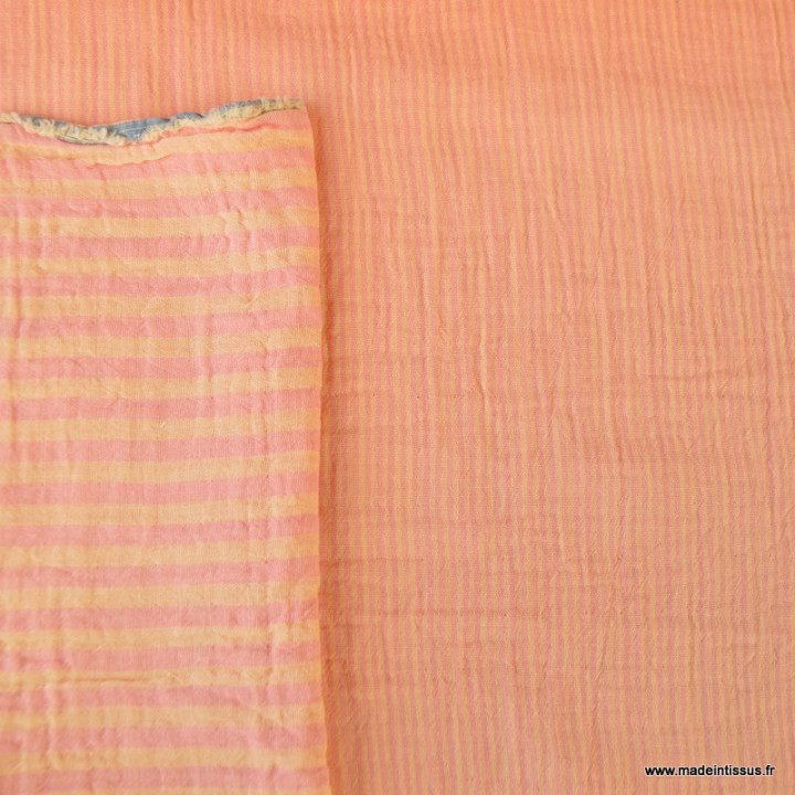 Tissu Double gaze réversible à rayures Melon et Sorbet - oeko tex