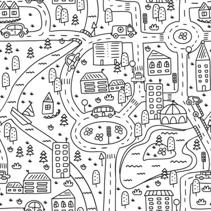 Tissu à colorier routes et automobiles fond blanc - Oeko tex