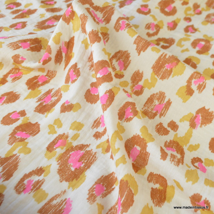 Double gaze Karula motif léopard fond écru - oeko tex