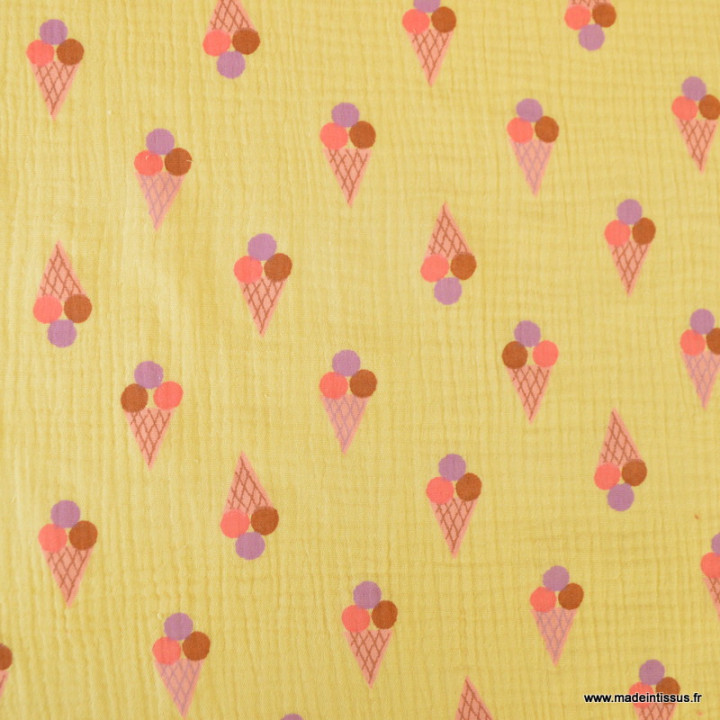 Double gaze motif cornet de glaces fond écru - oeko tex