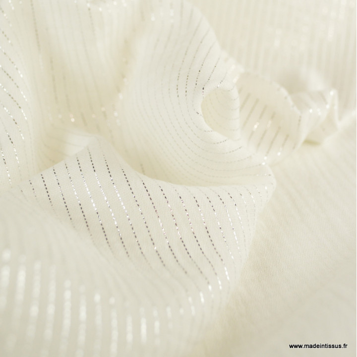 Tissu Double gaze à rayures Lurex fond Blanc cassé