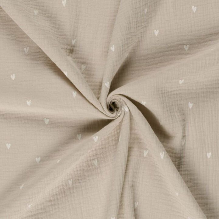 Tissu double gaze motif coeurs fond beige - oeko tex
