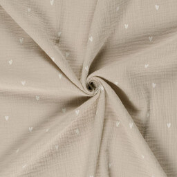 Tissu double gaze motif coeurs fond beige - oeko tex