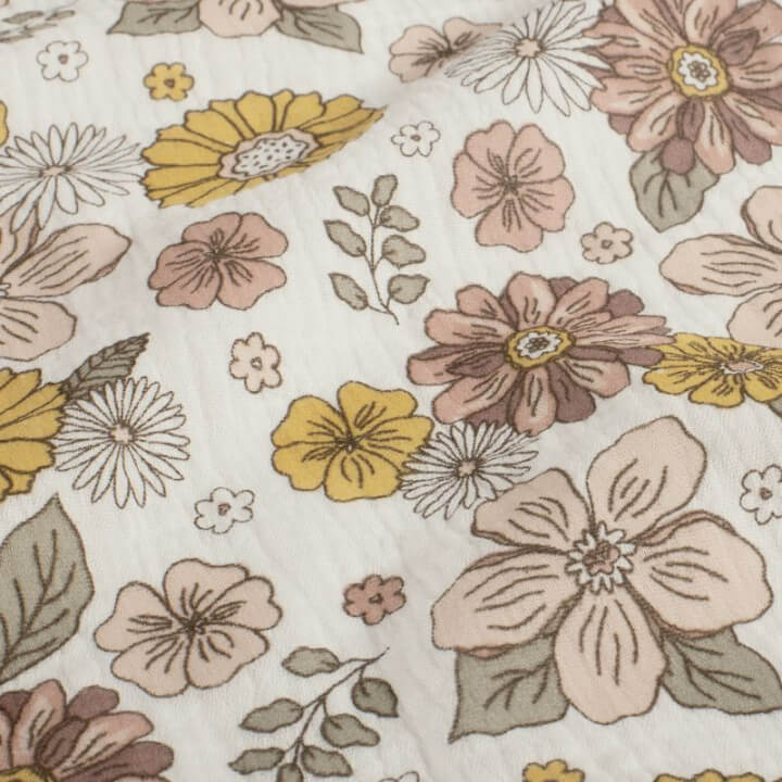 Tissu double gaze motif fleurs Marsala et tilleul - oeko tex