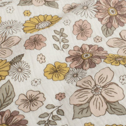 Tissu double gaze motif fleurs Marsala et tilleul - oeko tex