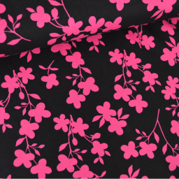 Tissu viscose Stretch motif fleurs rose fuchsia fond noir