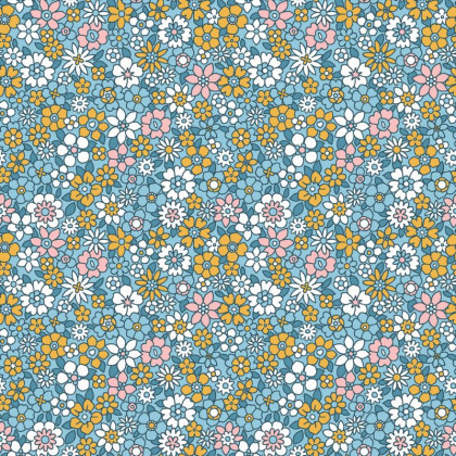 Tissu Popeline de coton Eudoxie motif fleurs fond bleu - oeko tex