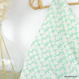 Tissu coton dévoré - motif fleuri vert et blanc