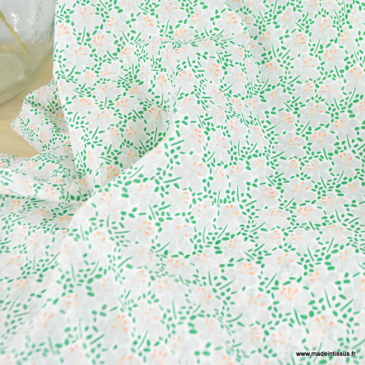 Tissu seersucker fleuri vert et blanc