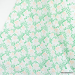 Tissu coton dévoré - motif fleuri vert et blanc
