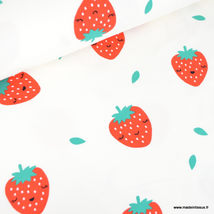 Tissu Sweat molleton motif Fraises fond blanc - Poppy