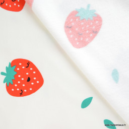 Tissu Sweat molleton motif Fraises fond blanc - Poppy