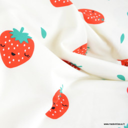 Tissu Sweat molleton motif Fraises fond blanc - Poppy