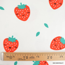 Tissu Sweat molleton motif Fraises fond blanc - Poppy