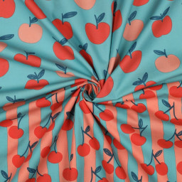 Popeline Poppy motif Pommes fond pétrole clair