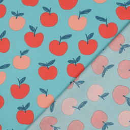 Popeline Poppy motif Pommes fond pétrole clair