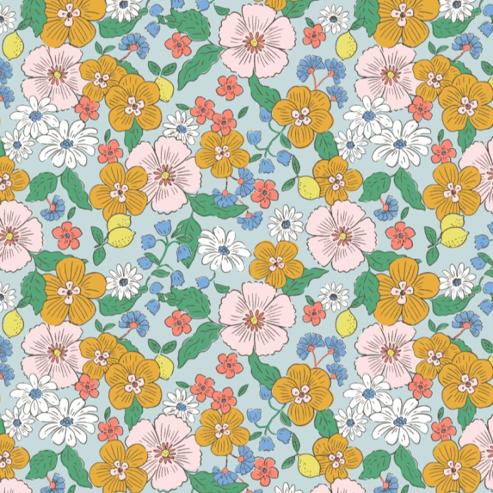 Tissu Suzie en coton motif fleurs fond ciel - oeko tex