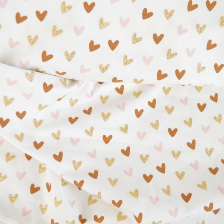 Tissu jersey motif petits coeurs dorés, roses et camel - Oeko tex
