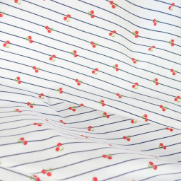 Tissu jersey à rayures bleues et cerises - OEKO TEX