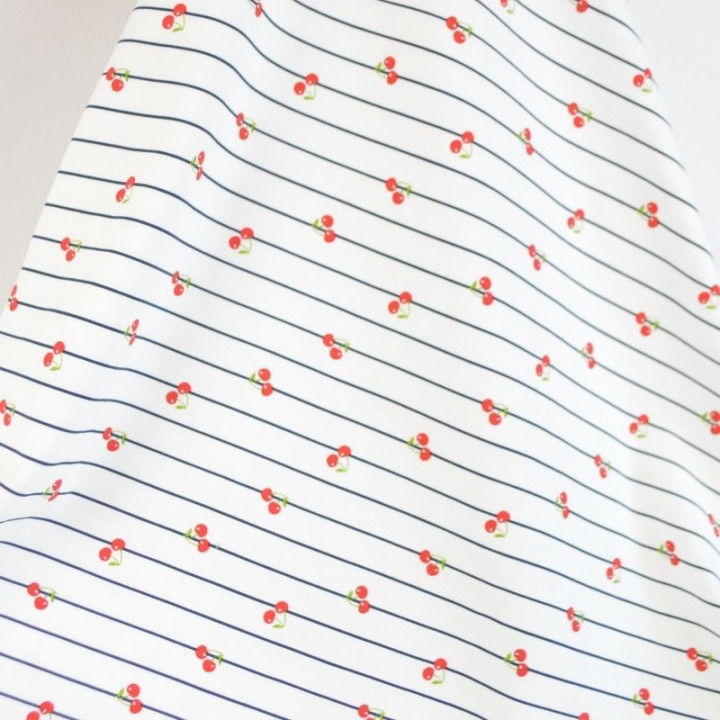 Tissu jersey à rayures bleues et cerises - Oeko tex